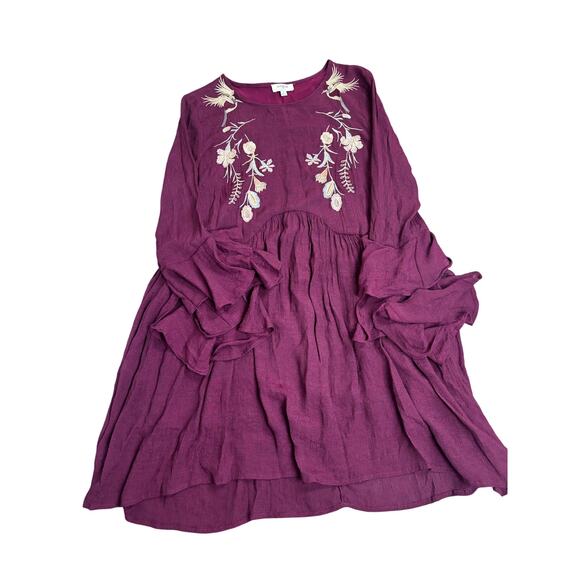 Umgee Dresses & Skirts - Umgee Embroidered Boho Peasant Dress Wine Red Long Sleeve Flowy M